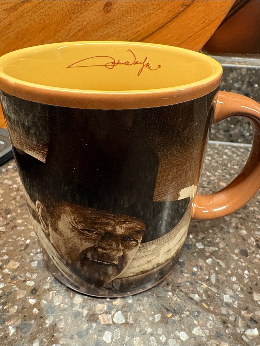 John Wayne Signature Yellow Interior Ceramic Mug with Brown Exterior